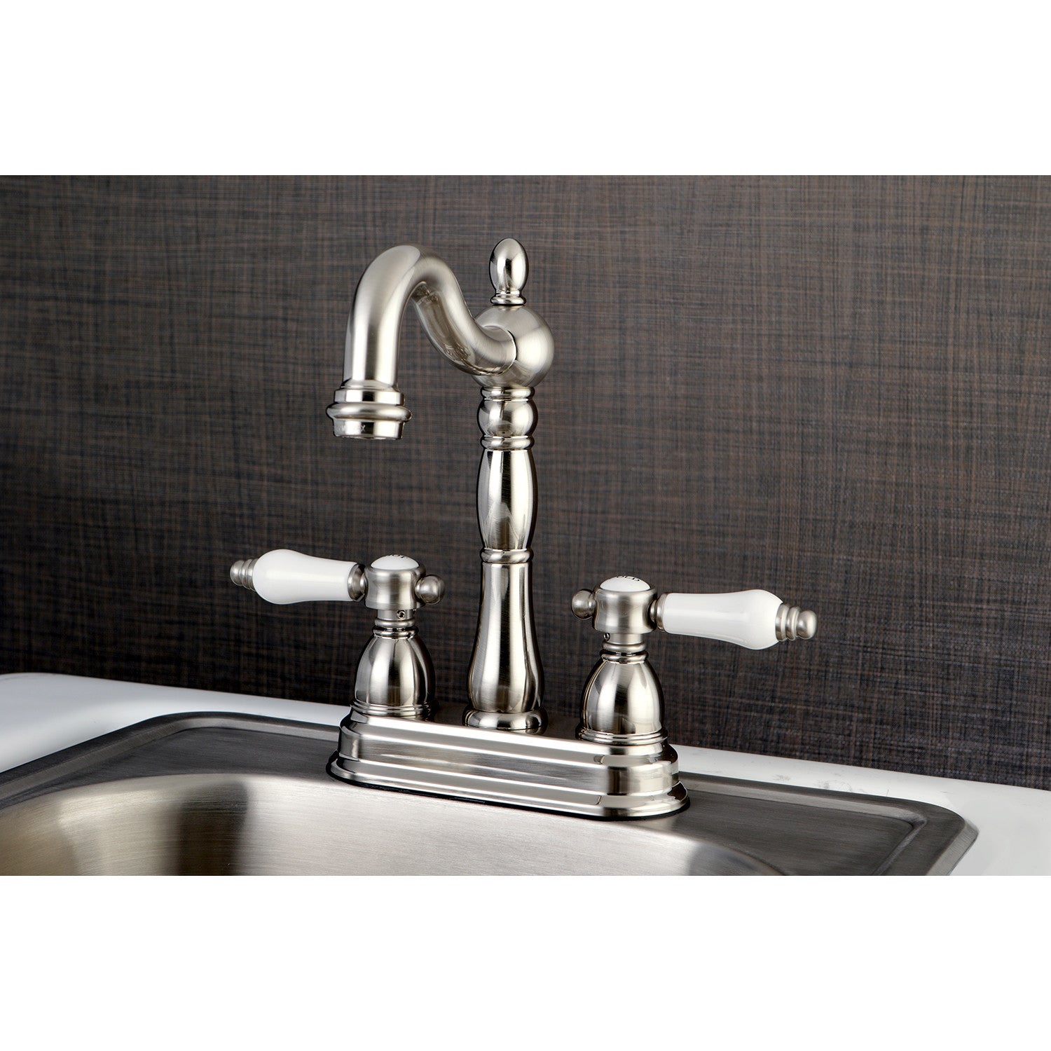Kingston Heirloom KB1498BPL - Bel-Air Two-Handle 2-Hole Deck Mount Bar Faucet, Brushed Nickel — thumbnail 2
